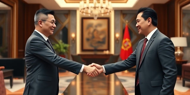 Un hombre de negocios chino saluda a un político español en un despacho lujoso