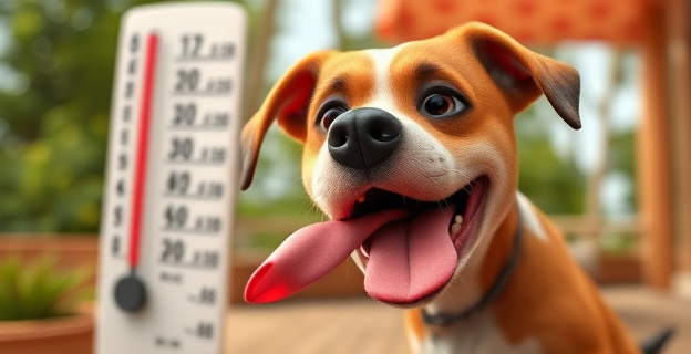 Un perro jadeando excesivamente en un día caluroso de verano, con un termómetro mostrando una temperatura elevada al fondo.