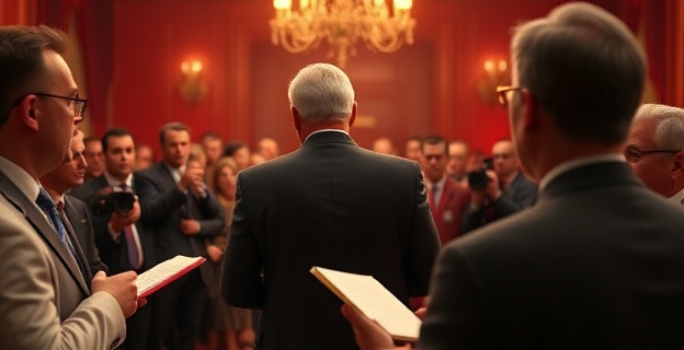 Una rueda de prensa tensa con periodistas y políticos en un ambiente de máxima tensión, con un ministro de espaldas y un periodista tomando notas en primer plano.