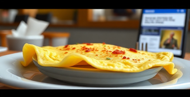Imagen de una tortilla de patata en un plato, con un fondo difuso que sugiere un ambiente de cafetería o restaurante, y un titular de periódico o pantalla de móvil en el fondo con noticias sobre financiación autonómica y elecciones.