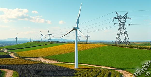 Una imagen de una turbina eólica en un paisaje aragonés con una línea de alta tensión saturada en el fondo.