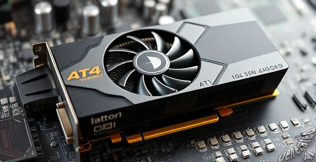 Una imagen de una tarjeta gráfica con un chip AT4, 24 GB de VRAM y un disipador de calor, sobre un fondo de circuitos electrónicos.