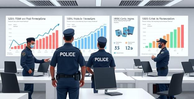 Imagen de una comisaría de policía en Barcelona con agentes realizando procedimientos de identificación de personas, con un fondo de gráficos estadísticos mostrando el aumento de la delincuencia y la proporción de extranjeros implicados.