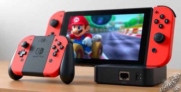 Una imagen de una consola Nintendo Switch OLED con un juego de Mario Kart en la pantalla, junto a un controlador y un dock con un puerto Ethernet.