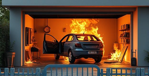 Una cochera en llamas con un vehículo destruido, puertas abiertas y objetos inflamables alrededor, en una casa de Muro, Mallorca.
