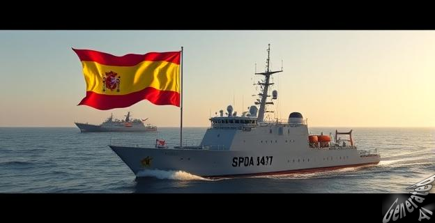 Un buque de la Armada Española navegando hacia Gaza con bandera española ondeando, mientras en el horizonte se ve la silueta de la flotilla Global Sumud.