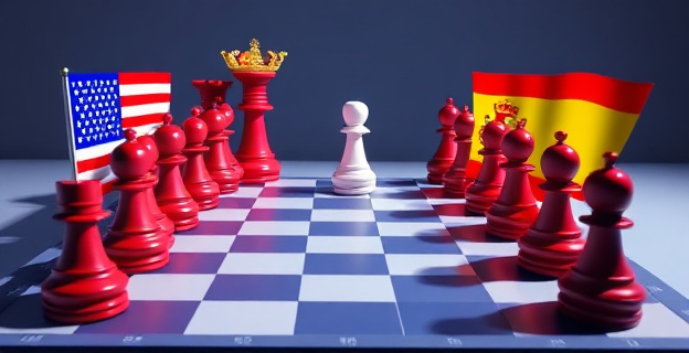 Imagen de un tablero de ajedrez con piezas representando a EEUU y España, con banderas de ambos países en los extremos opuestos, y una sombra de Trump moviendo una pieza.