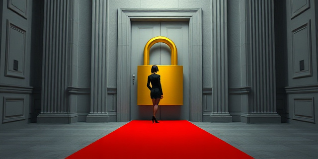 Una ilustración satírica y conceptual. Una puerta cerrada con un candado dorado gigante en un edificio gubernamental gris. Del otro lado de la puerta, una silueta femenina elegante espera. En el suelo, una alfombra roja que se corta abruptamente antes de llegar a la puerta. Estilo editorial de revista, colores contrastados, atmósfera de ironía burocrática.