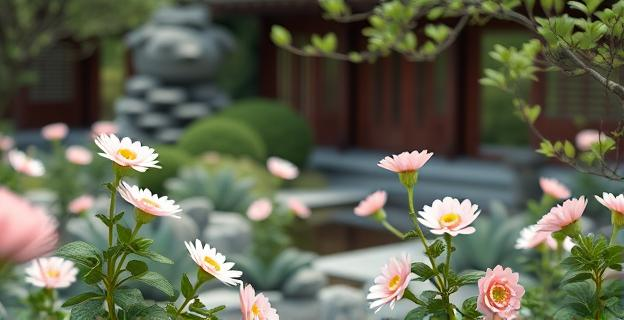 Imagen de un jardín chino sereno con flores que florecen lentamente, simbolizando el crecimiento gradual y la paciencia.