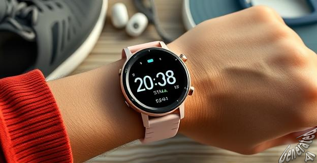 Un smartwatch Xiaomi Mi Watch en una muñeca, con una pantalla AMOLED brillante mostrando información de salud y deportes, rodeado de accesorios de running y yoga.