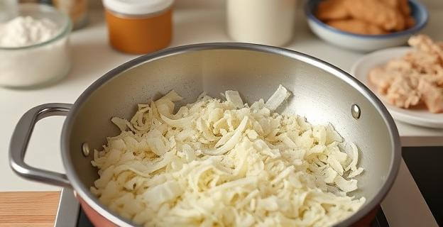 Imagen de una cocina con una sartén donde se está caramelizando cebolla rallada sin aceite, con un fondo de ingredientes para croquetas como harina, leche y pollo asado.