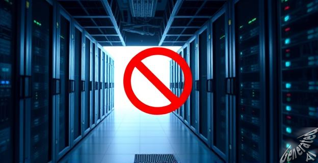 Ilustración de un data center con una red eléctrica al fondo, con un símbolo de limitación o restricción