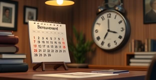 Imagen de una oficina con un calendario y un reloj en el que se marca una fecha próxima a una defunción, con un ambiente de seriedad y respeto.