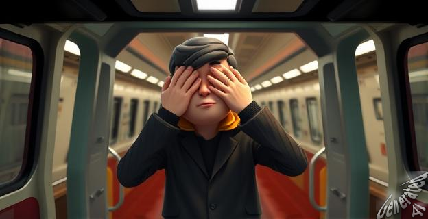 Ilustración de una persona tapándose los oídos en un vagón del Metro con un fondo de raíles y túneles