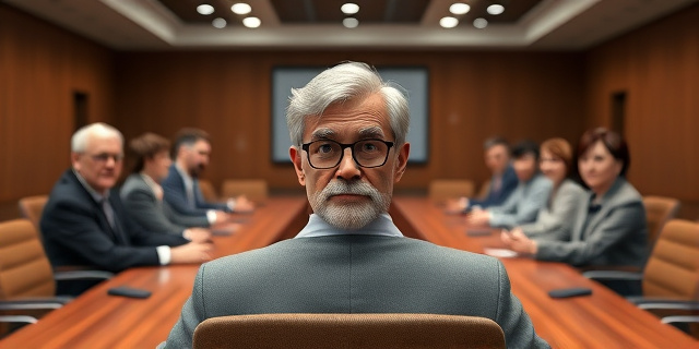 Una sala de reuniones con una mesa grande y varias sillas, con un hombre de cabello gris y gafas al frente, rodeado de personas de diferentes edades y sexos, con expresiones serias y atentas.