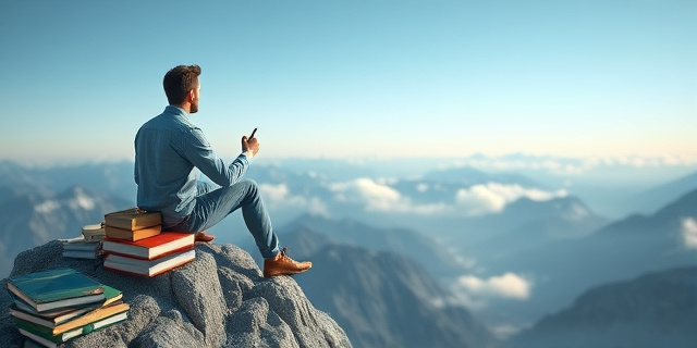 Un hombre sentado en una montaña, rodeado de libros y con una pluma en la mano, mirando hacia el horizonte