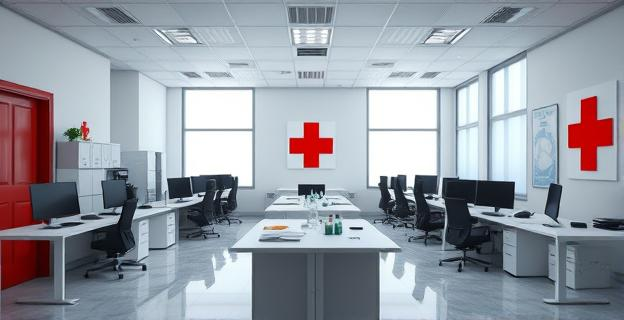 Oficina central de Cruz Roja vacía con papeles y computadoras apagadas