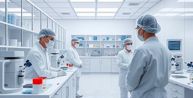 Laboratorio de anatomía patológica con equipo de protección y trabajadores con mascarillas en un entorno de análisis de muestras médicas