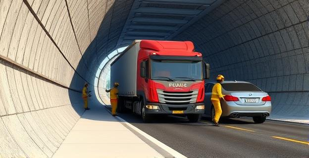 Imagen de un camión encajado en un túnel con bomberos trabajando para liberarlo, mientras los coches transportados tienen el techo cortado.