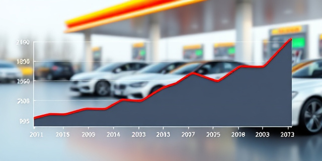 Un gráfico que muestra la evolución del precio del gasóleo y la gasolina en los últimos años, con un fondo de coches diésel y gasolineras