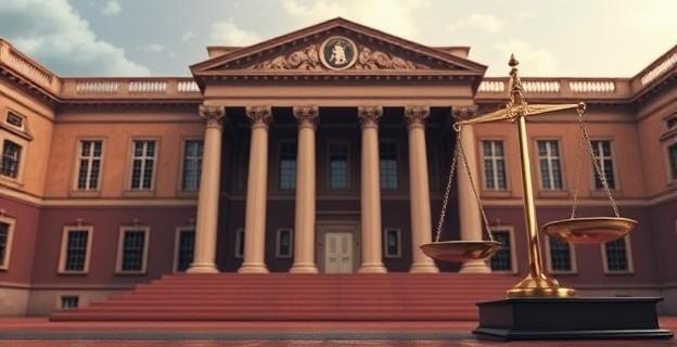 Ilustración de un edificio institucional con un ambiente de tensión política, mostrando documentos legales y una balanza de justicia en el fondo.