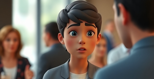 Una persona hablando con otra, desviando la mirada, con una expresión facial que refleja inseguridad o timidez, en un entorno social