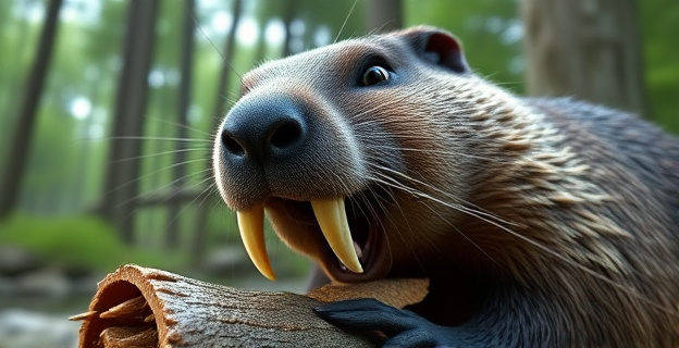 Imagen de un castor roendo madera con sus prominentes incisivos visibles, mostrando su dentadura en primer plano con un fondo de bosque