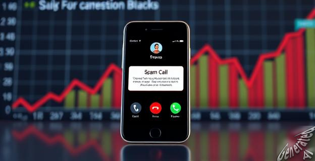 Imagen de un teléfono móvil con una alerta de llamada spam en la pantalla, sobre un fondo de gráficos representando el bloqueo de numeraciones fraudulentas