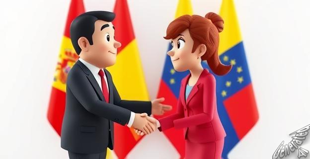 Ilustración de Koldo García y Delcy Rodríguez reunidos en Caracas en octubre de 2021 con un fondo de banderas de España y Venezuela.