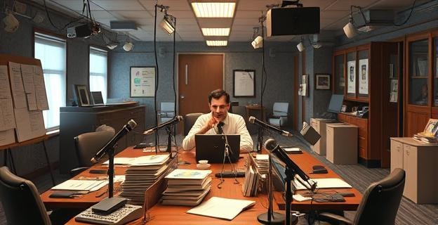 Una escena de oficina caótica con elementos de comedia y sátira, con micrófonos y elementos de humor negro, sin personas ni nombres propios visibles