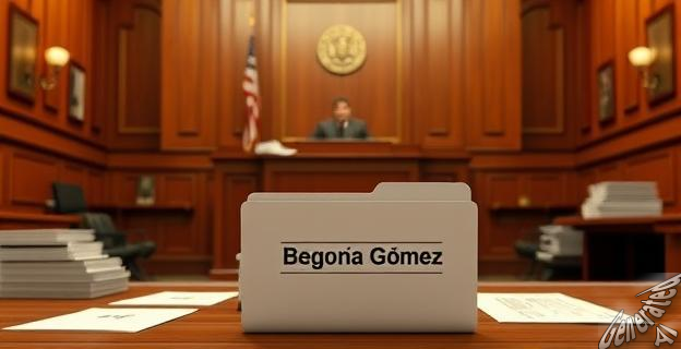 Una sala de un juzgado con un juez sentado en su estrado, rodeado de documentos y expedientes, con una carpeta etiquetada con el nombre 