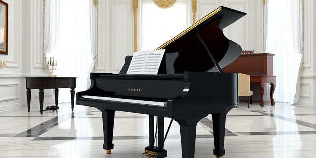 Una ilustración conceptual y satírica que muestra un piano de cola negro brillante en una habitación palaciega con suelos de mármol y molduras clásicas. Sobre el piano hay partituras y carpetas. En el fondo, una mesa de madera antigua y señorial. El ambiente es de opulencia fría, con una luz natural filtrada por cortinas blancas, sugiriendo un contraste entre el arte y la burocracia judicial.