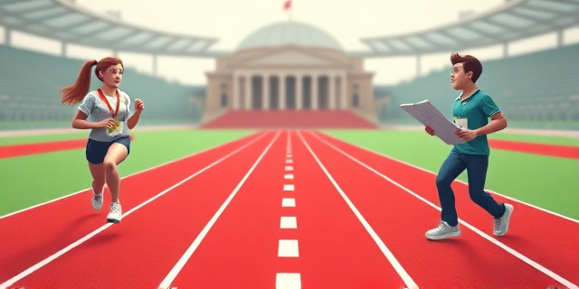 Una ilustración conceptual y satírica que muestra una pista de atletismo dividida por una línea roja brillante. De un lado, una corredora recibe una medalla de oro hecha de monedas de euro; del otro lado, un corredor mira la escena con un signo de interrogación sobre la cabeza, mientras sostiene un formulario vacío. Estilo editorial moderno, colores contrastados, fondo minimalista de ayuntamiento municipal.