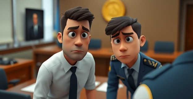 Una escena que muestra un contraste entre una figura de autoridad (quizás un funcionario del gobierno o un policía) y un individuo con expresión de descontento o frustración, en un entorno burocrático como una oficina gubernamental. Al fondo, un gran escritorio con papeles y un sello oficial.