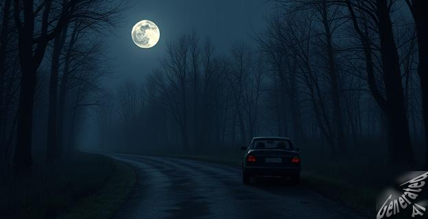 Una carretera rural oscura y boscosa en Italia durante una noche de luna nueva, con un ambiente de misterio y miedo. Al fondo, una pareja joven en un coche, con una sombra amenazante en el bosque cercano.