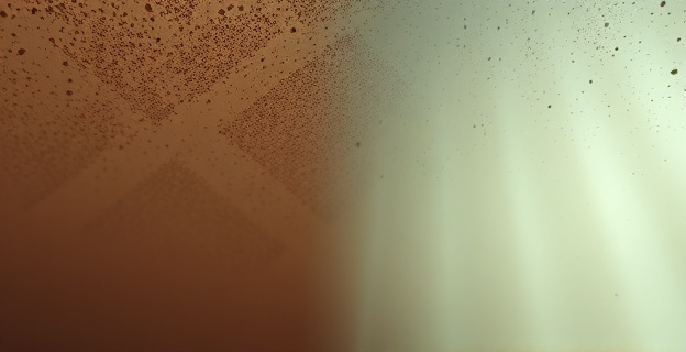 Una escena abstracta donde un techo texturizado con gránulos irregulares se desvanece gradualmente, transformándose en una niebla etérea que representa peligro. Tonos sepia en una mitad y colores fríos y nebulosos en la otra. Pequeñas partículas flotando, simbolizando fibras. El ambiente evoca una sensación de nostalgia y advertencia.