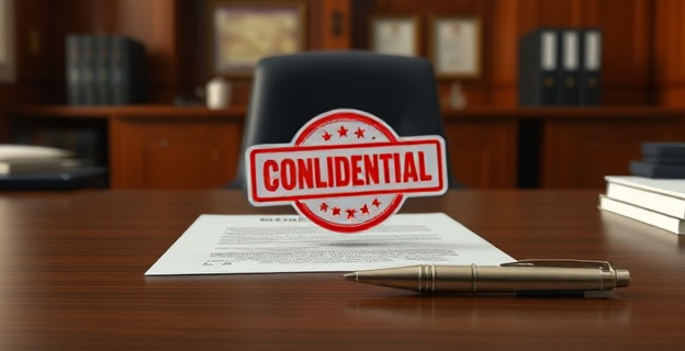 Una escena que representa un despacho oficial con documentos confidenciales sobre menores inmigrantes no acompañados, con un sello de confidencialidad y una pluma sobre un escritorio vacío, simbolizando la decisión de no divulgación de información sensible.