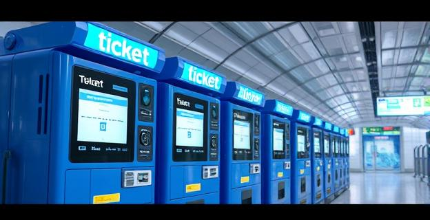 Imagen de máquinas expendedoras de tickets azules con pantallas gigantes y techos de plástico en una estación de metro, con gotas de agua cayendo alrededor