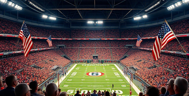 Una imagen de un estadio de fútbol americano lleno de aficionados el día de Acción de Gracias, con la bandera estadounidense ondeando y un ambiente festivo y deportivo.