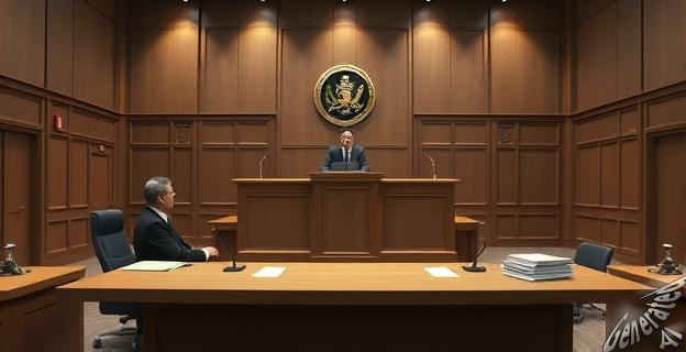 Una sala judicial vacía con un fiscal y un juez sentados en sus respectivos puestos, con documentos y expedientes sobre la mesa, en un ambiente serio y formal.