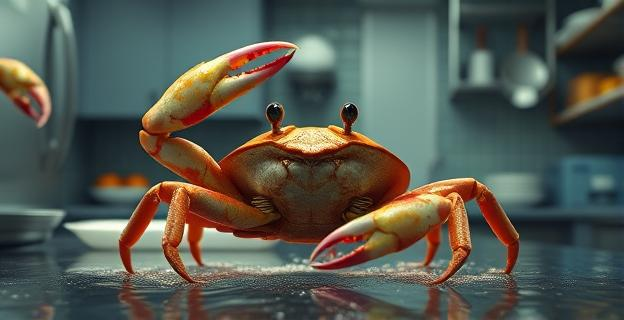 Imagen de un cangrejo en una cocina con un ambiente de debate ético sobre su tratamiento
