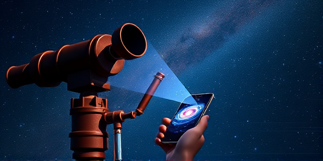 Una ilustración conceptual que contraste un telescopio antiguo, masivo y oxidado con un dispositivo tecnológico pequeño, minimalista y brillante que proyecta una galaxia vibrante y colorida en la pantalla de un smartphone. Fondo de cielo nocturno estrellado con estilo artístico moderno y saturado.