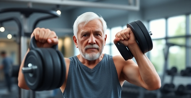 Una persona mayor levantando pesas en un gimnasio iluminado, con una expresión de determinación en su rostro, rodeada de equipo de entrenamiento de fuerza.