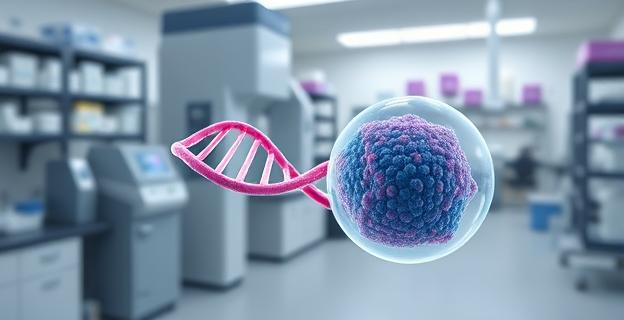 Una representación visual de una molécula de ARN mensajero siendo administrada a una célula mediante nanopartículas de lípidos, con un fondo que muestra un laboratorio de investigación con equipo científico