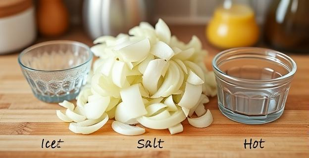 Imagen de una cocina con cebolla cruda cortada y diferentes recipientes mostrando los tres métodos: agua helada, sal y enjuague, y agua fría y caliente alternados