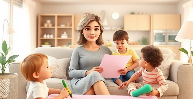 Una madre sentada en un sofá rodeada de niños jugando, con una expresión de calma y una lista de tareas en la mano. Al fondo, una casa ordenada y luminosa.
