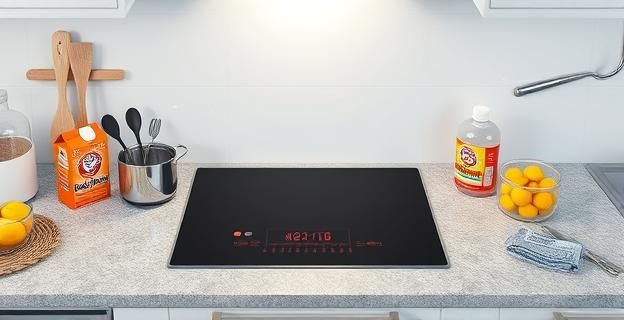 Imagen de una cocina moderna con una placa de inducción brillante y limpia, rodeada de utensilios de cocina y productos de limpieza caseros como bicarbonato sódico y vinagre sobre una encimera de granito gris.