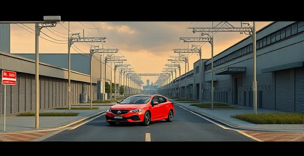 Imagen de un polígono industrial con cámaras de seguridad y un coche rojo abandonado en una carretera rodeada de edificios comerciales