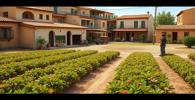 Una imagen de un pueblo rural español con temporeros trabajando en campos de fruta, mientras al fondo se ven casas okupadas y una patrulla vecinal vigilando