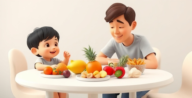 Una mesa con un niño y un adulto sentados, con una variedad de alimentos saludables en el centro, y el niño mirando al adulto con una sonrisa